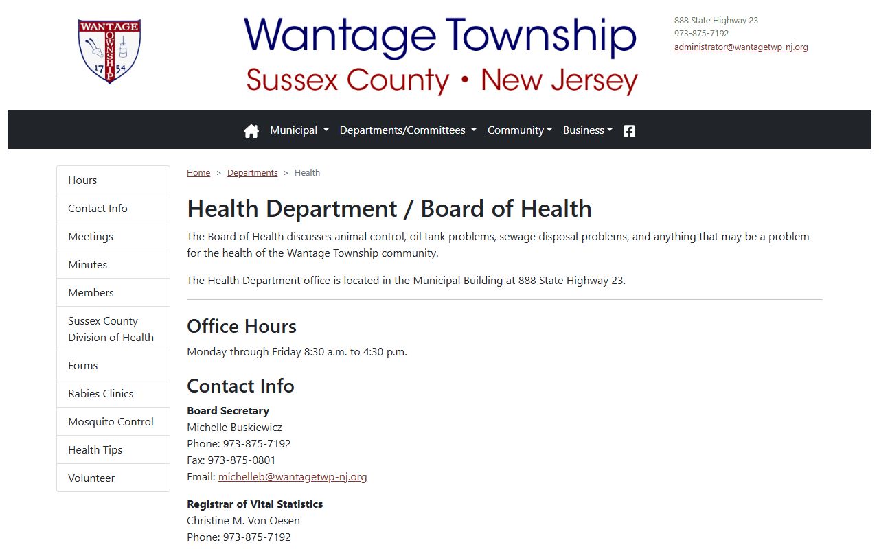 Wantage Township registrar page for Sussex County marriage license services