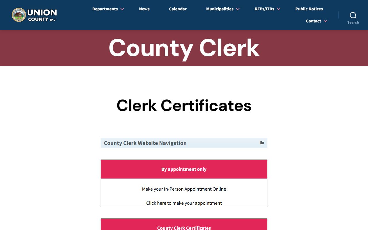 Union County Clerk certificates page for Union County marriage license records