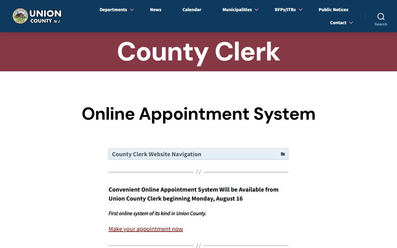 Union County Clerk online appointment system for Union County marriage license services