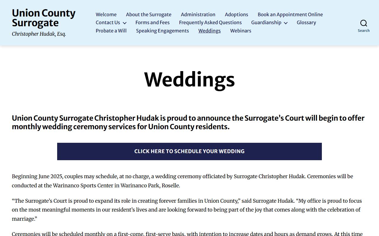 Union County Surrogate weddings page for free Union County marriage license ceremonies