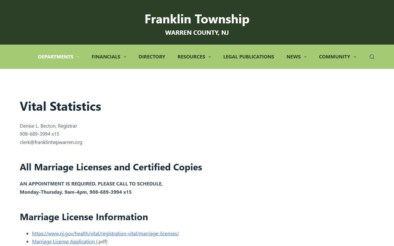 Franklin Township Warren County vital statistics page for Warren County marriage license information