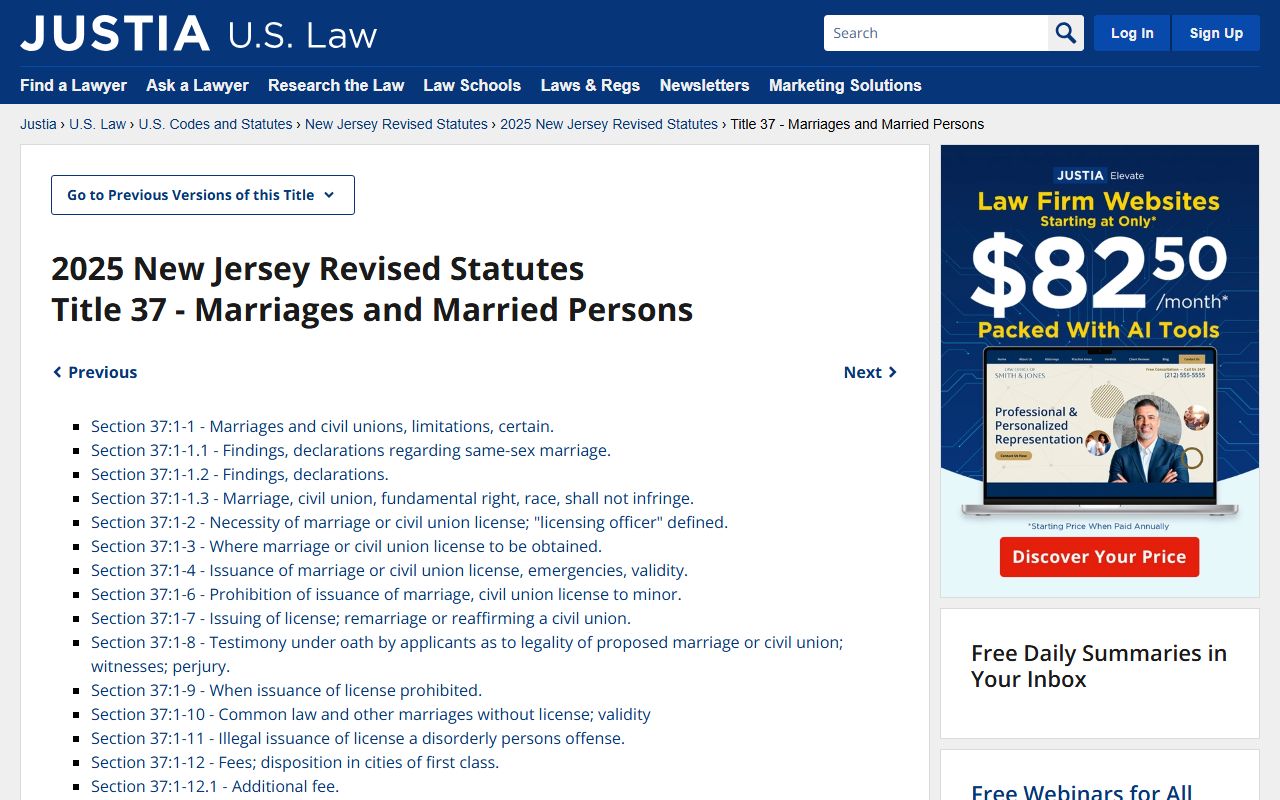 New Jersey Statutes Title 37 marriage license laws