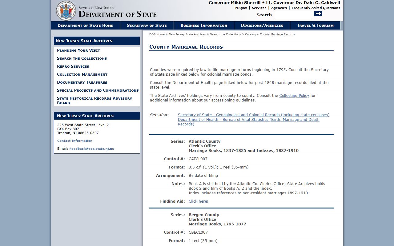 New Jersey State Archives county marriage license records collection