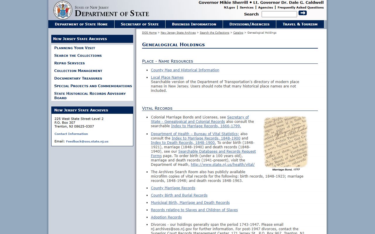 New Jersey State Archives genealogical marriage license records